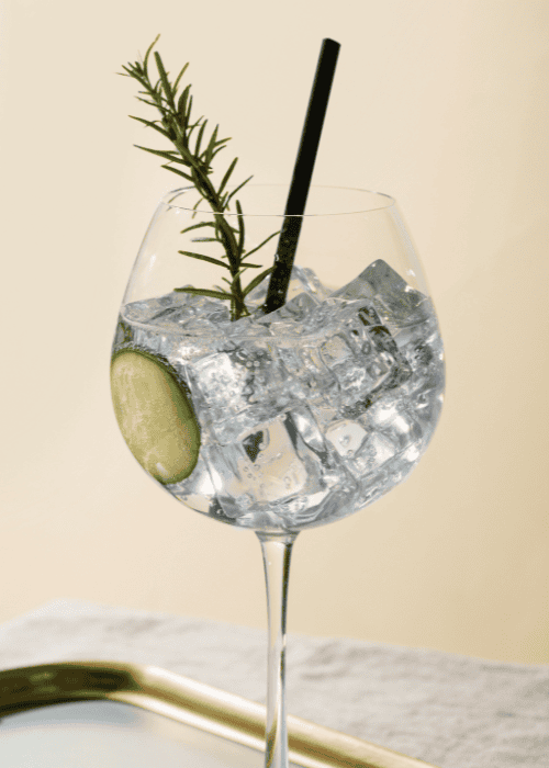Gin Tonic mit Eiswürfeln, Gurkenscheibe und Rosmarin im Ballonglas