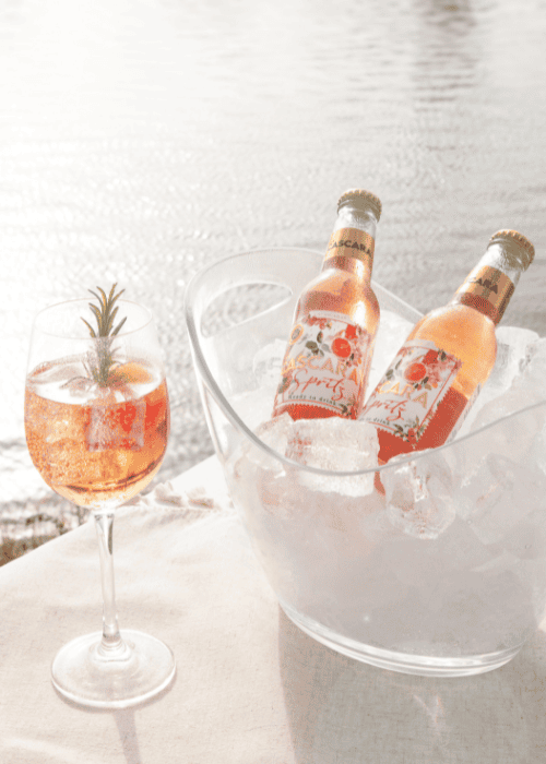 Rosé-Spritz im Weinglas und gekühlte Flaschen im Eisbehälter am Wasser
