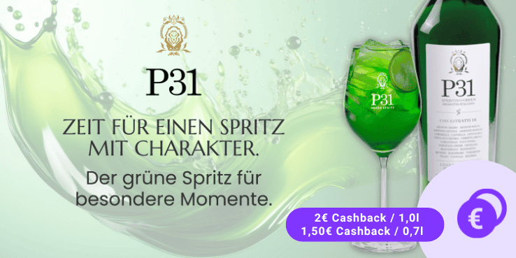 P31 Aperitivo Verde mit grünem Spritz-Cocktail im Weinglas und Cashback-Aktion für besondere Momente