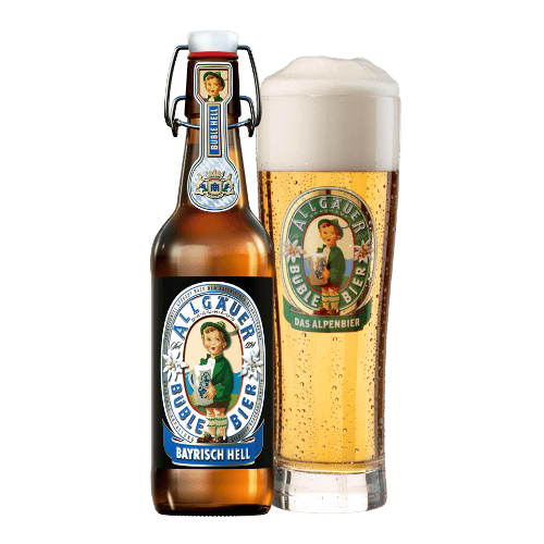 Flasche Hellbier Algäuer Büble neben einem Glas mit Allgäuer Büble