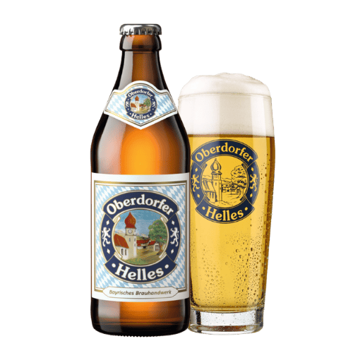 Flasche Oberdorfer Helles neben einem Glas Oberdorfer Helles