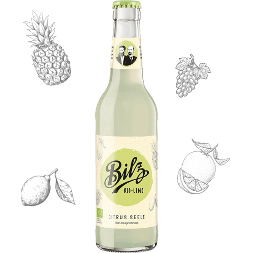 Bilz Bio-Limo Citrus Seele in einer hellen Glasflasche mit Citrus-Illustrationen