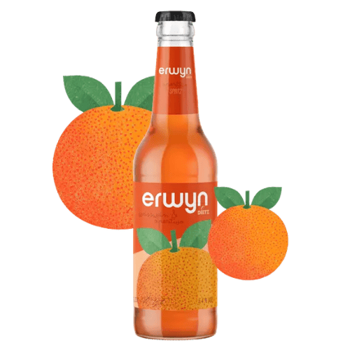 Erwyn Dietz Spritz mit orangefarbener Flasche und fruchtigem Orangenmotiv