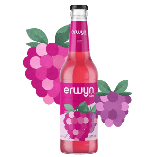 Erwyn Dietz Spritz mit pinker Flasche und rosa-violetten Weintrauben