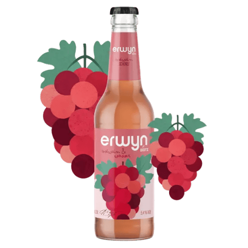 Erwyn Dietz Schorle mit roséfarbener Flasche und roten Weintrauben