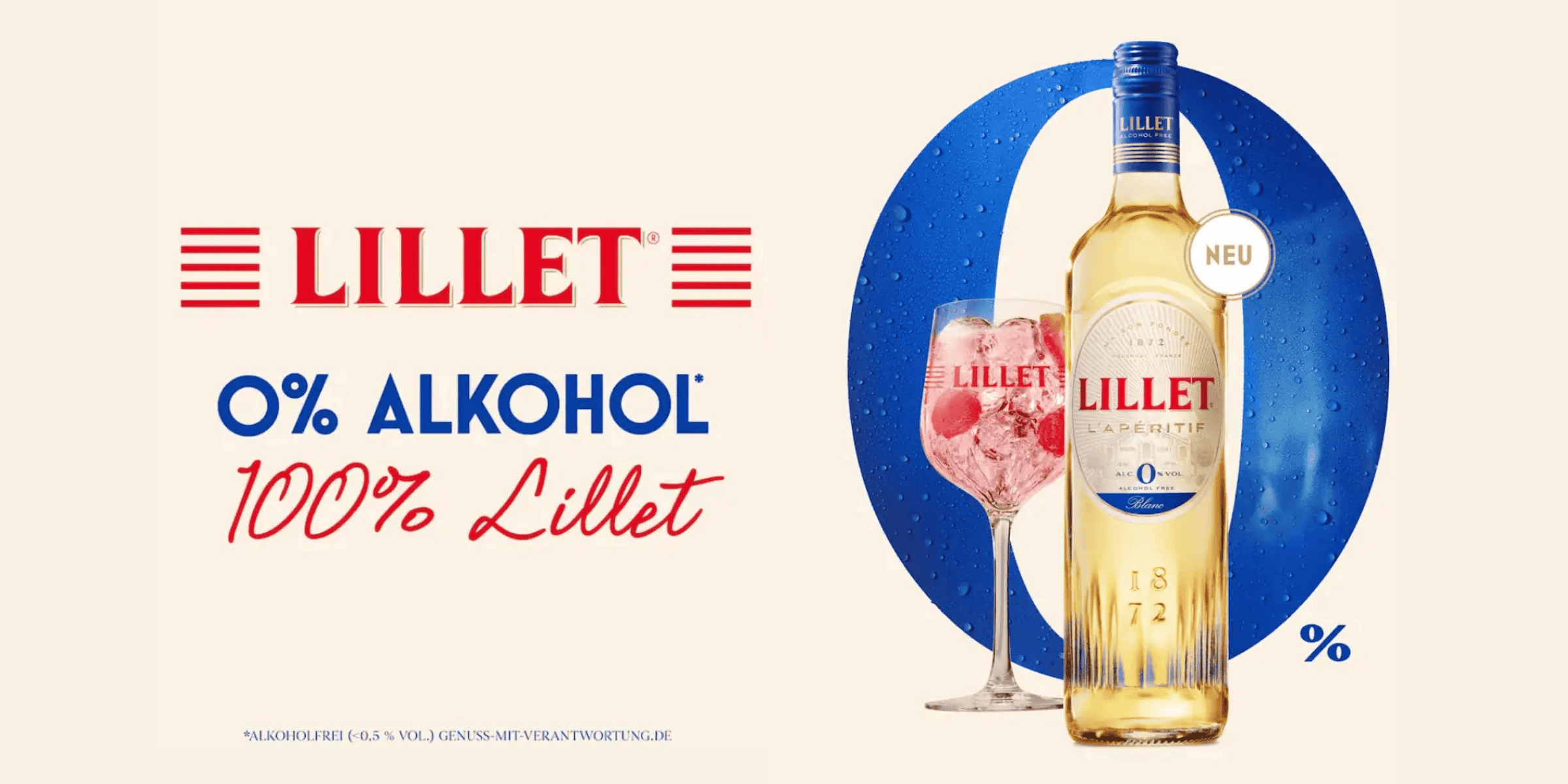 Lillet alkoholfrei: Flasche und Cocktailglas vor blauem Hintergrund