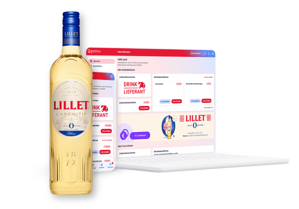 Lillet alkoholfrei 0 % Vol. neben Laptop mit Gastivo-Bestellplattform