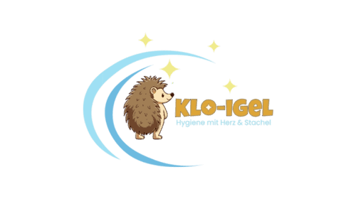 Klo-Igel Logo mit türkisfarbenen Bögen und Sternen