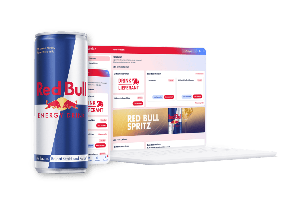 Red Bull Energy Drink neben Laptop mit digitaler Bestellplattform Gastivo
