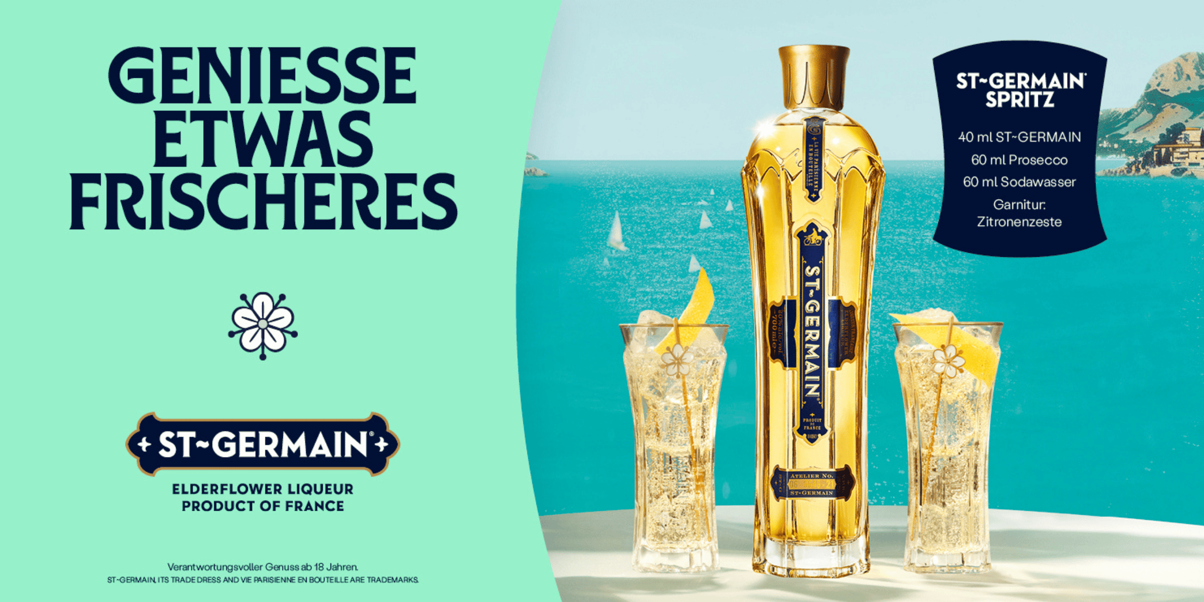 St-Germain Spritz mit Holunderblütenlikör, Prosecco, Soda und Zitronenzeste