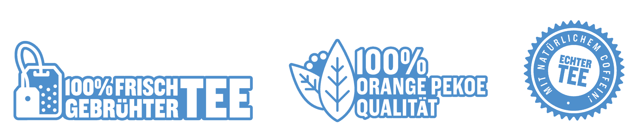 Banner mit Siegeln für frisch gebrühten Tee und 100 % Orange-Pekoe-Qualität