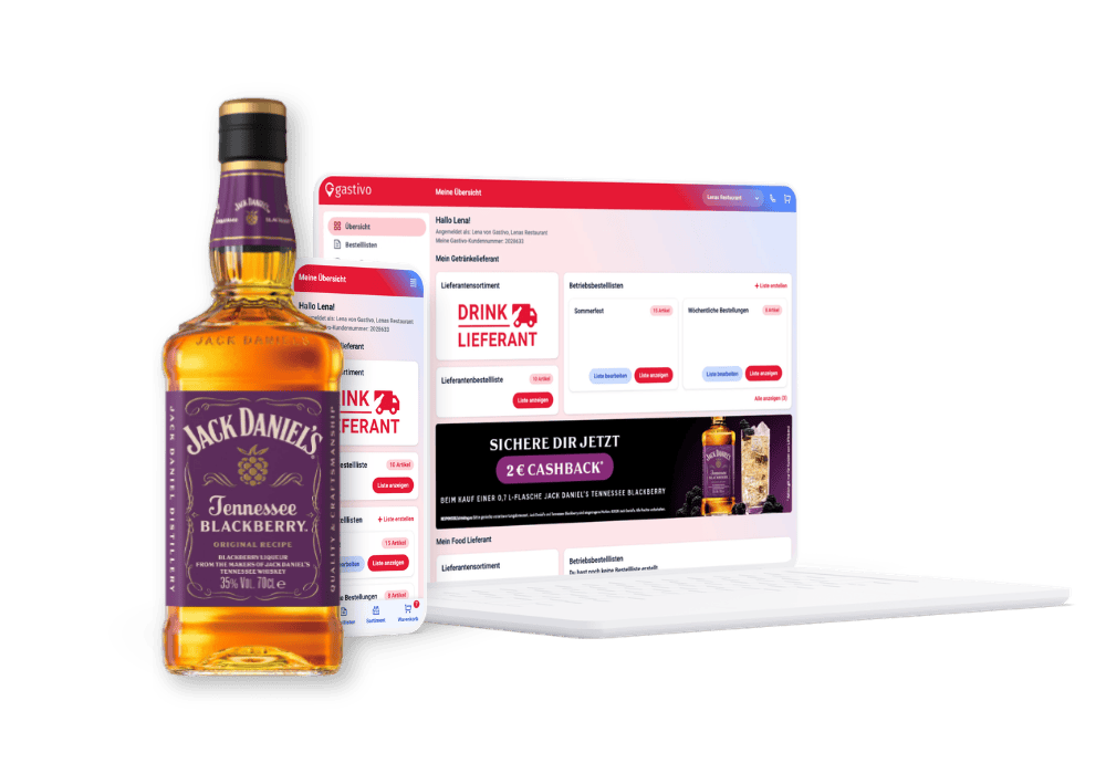 Jack Daniel’s Tennessee Blackberry vor Laptop und Smartphone mit Gastivo-Bestellplattform