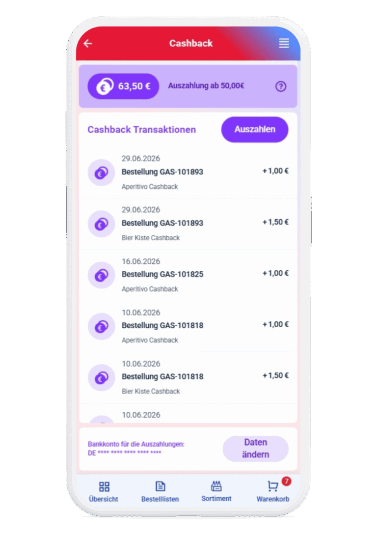 Mein Gastivo App mit Cashback-Übersicht, Transaktionen und Auszahlung ab 50 Euro