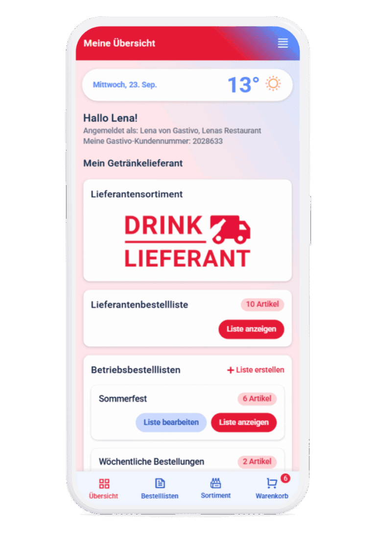Mein Gastivo-Dashboard mit Getränkelieferant, Bestelllisten und persönlicher Übersichtsseite