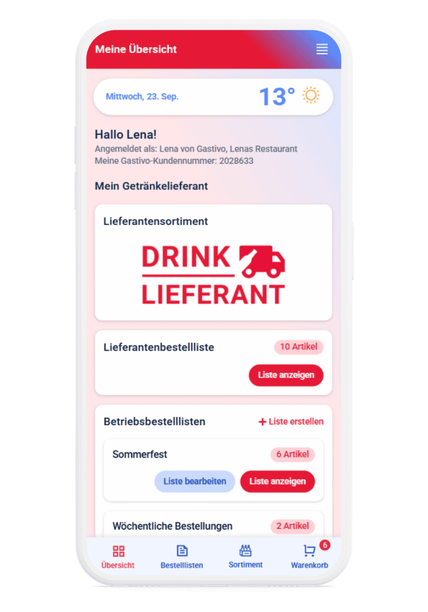 Mein Gastivo-Dashboard mit Getränkelieferant, Bestelllisten und persönlicher Übersichtsseite