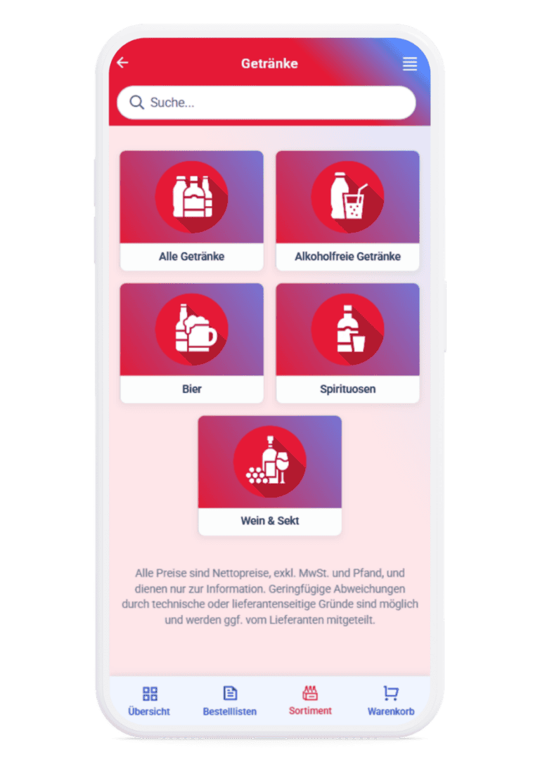 Mein Gastivo App mit Kategorien für alle Getränke, alkoholfreie Getränke, Bier, Spirituosen sowie Wein und Sekt