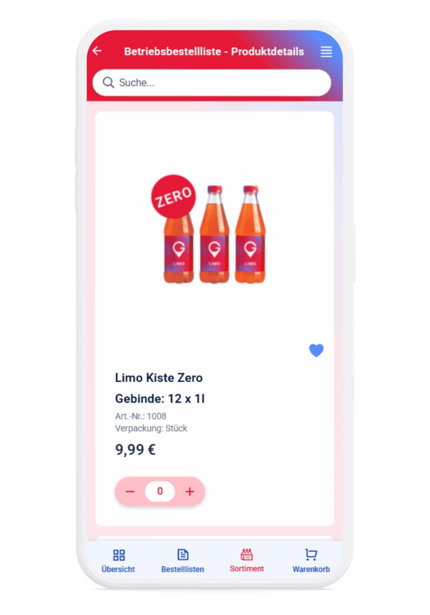 Produktdetail einer Limo-Kiste Zero in der Getränke-App Mein Gastivo
