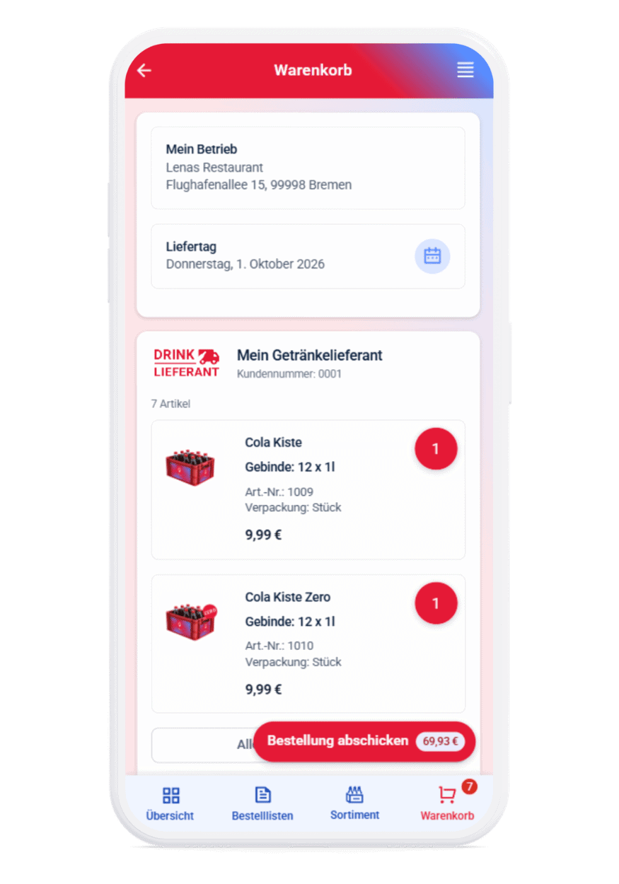 Warenkorb von Mein Gastivo mit Getränkekisten, Lieferdatum und Bestellbutton