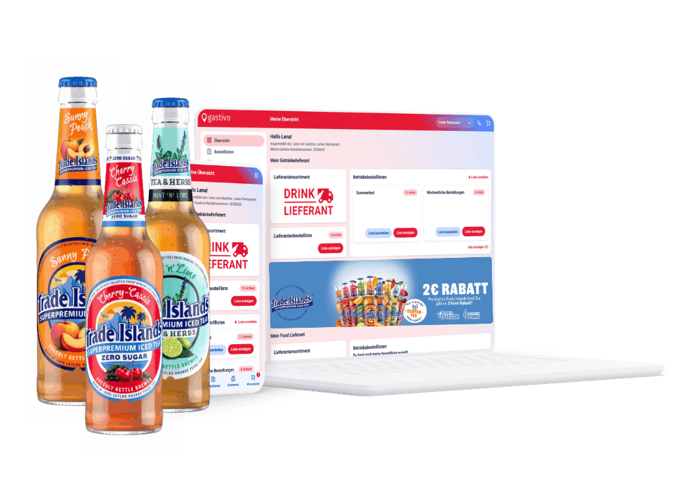 Trade Islands Iced Tea Flaschen neben Handy und Laptop mit digitaler Bestellplattform Gastivo
