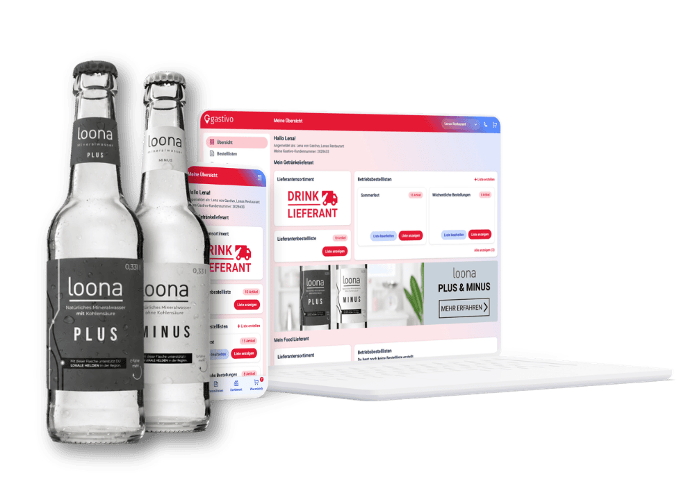 loona mineralwasser vor einem Laptop und Handy mit der Bestellplattform gastivo