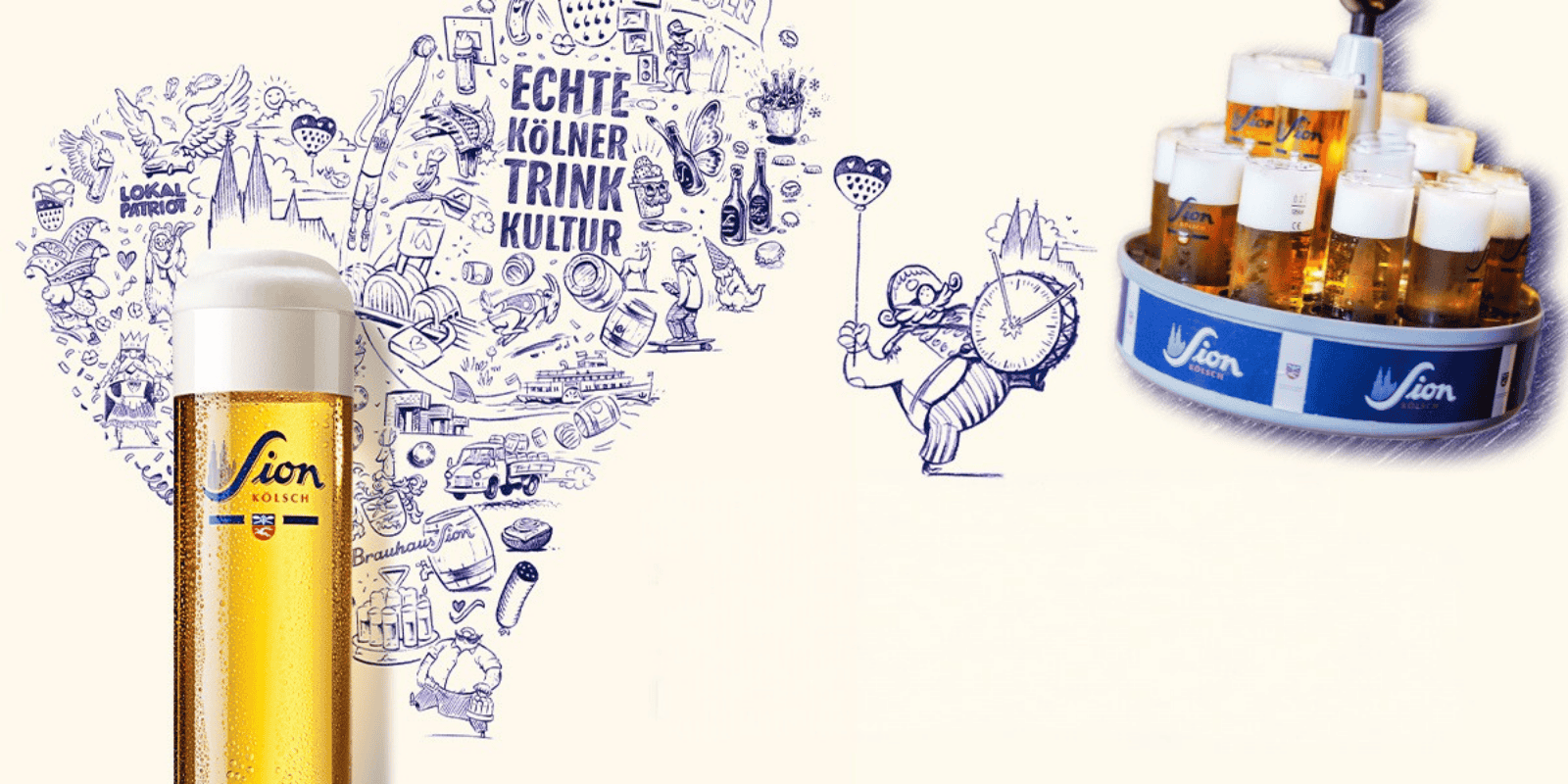 Sion Kölsch-Dose vor einer Illustration der Kölner Skyline; rechts Flaschen im Präsentationsdisplay.