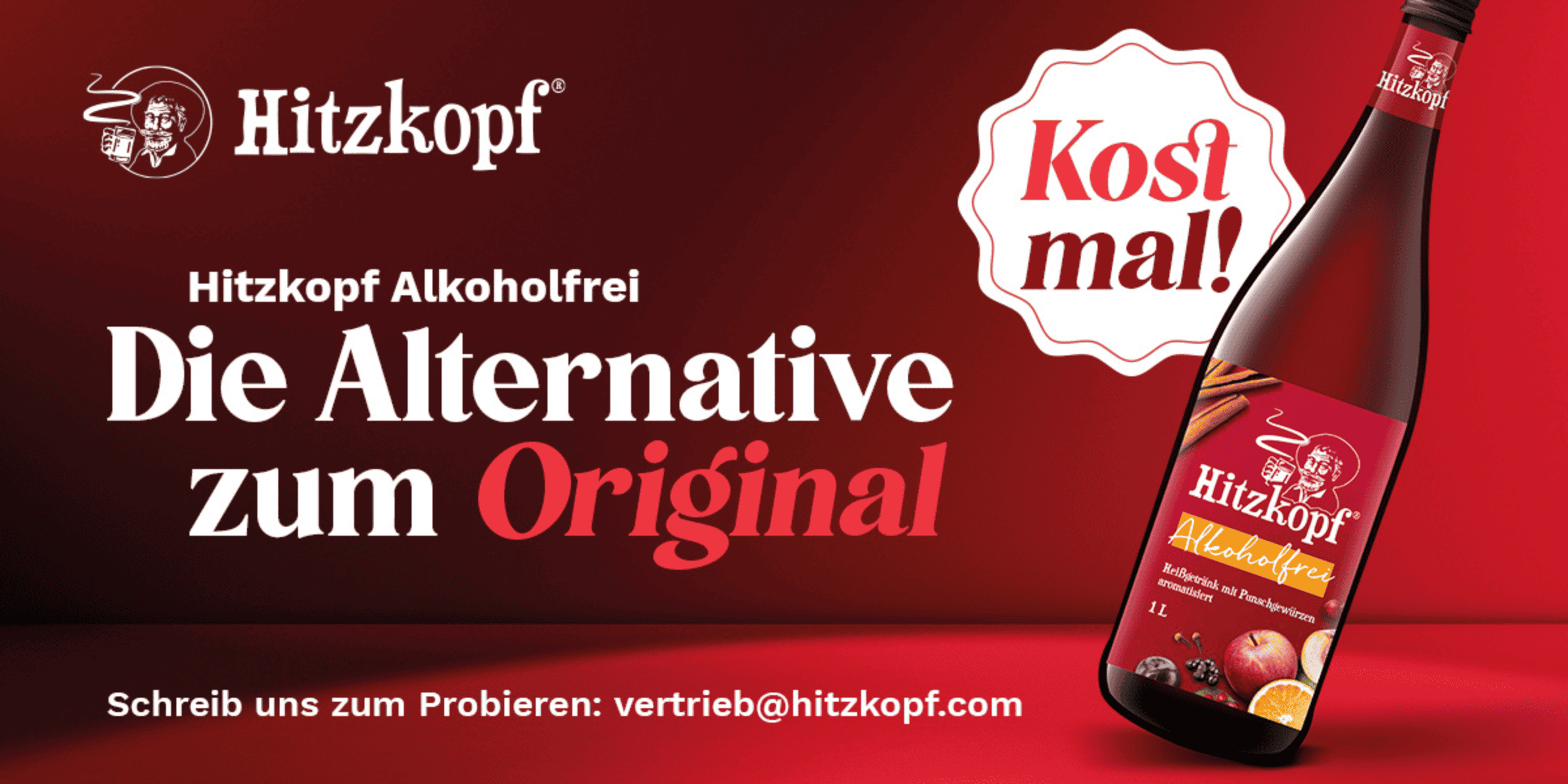 Hitzkopf alkoholfrei: Die Alternative zum Original mit Produktflasche auf rotem Hintergrund