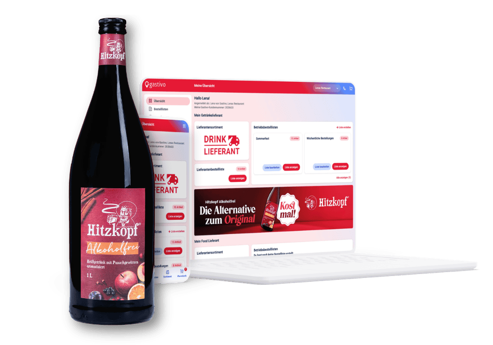 Hitzkopf alkoholfrei vor Gastivo-Bestellplattform auf Laptop und Smartphone