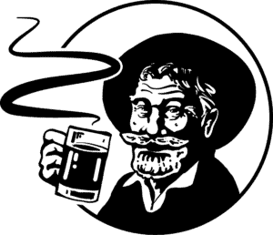Hitzkopf-Logo mit stilisiertem Mann und Trinkglas