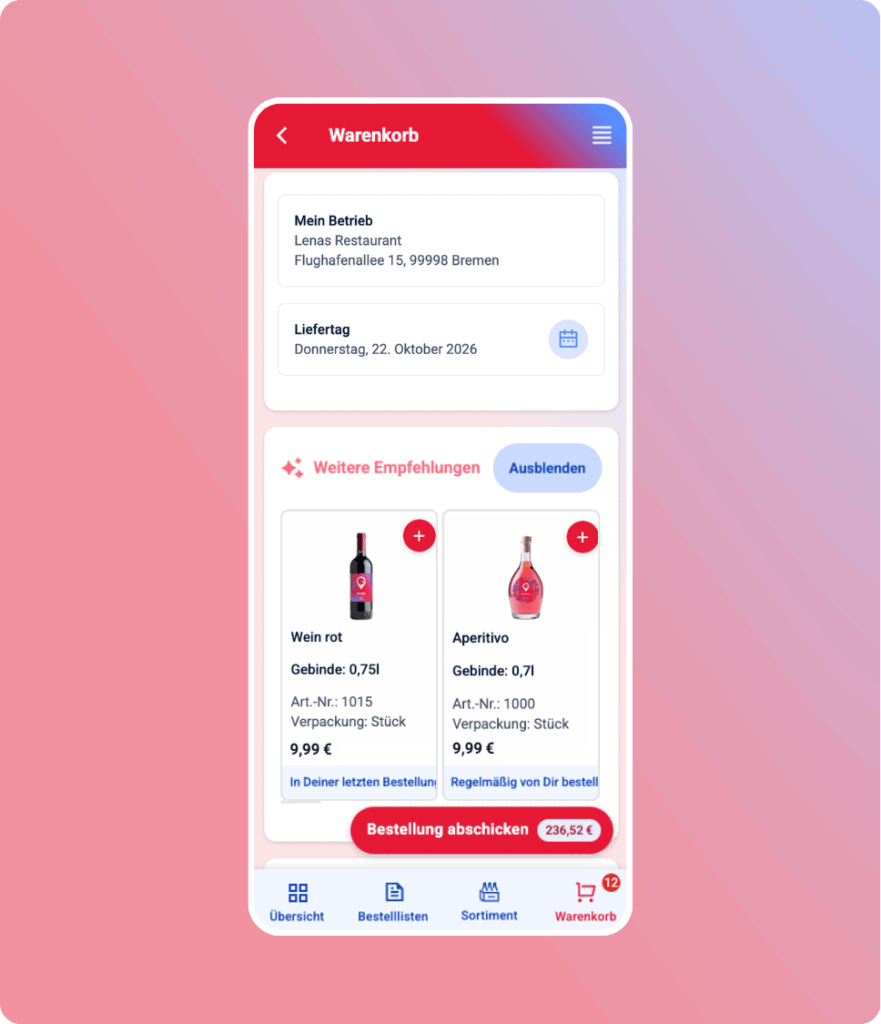 Gastivo-Warenkorb auf dem Smartphone mit Produktempfehlungen und Bestellübersicht