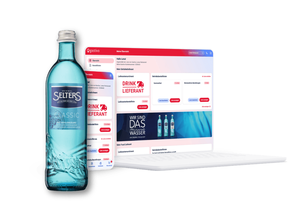 selters mineralwasser vor einem Laptop und Handy mit der Bestellplattform gastivo
