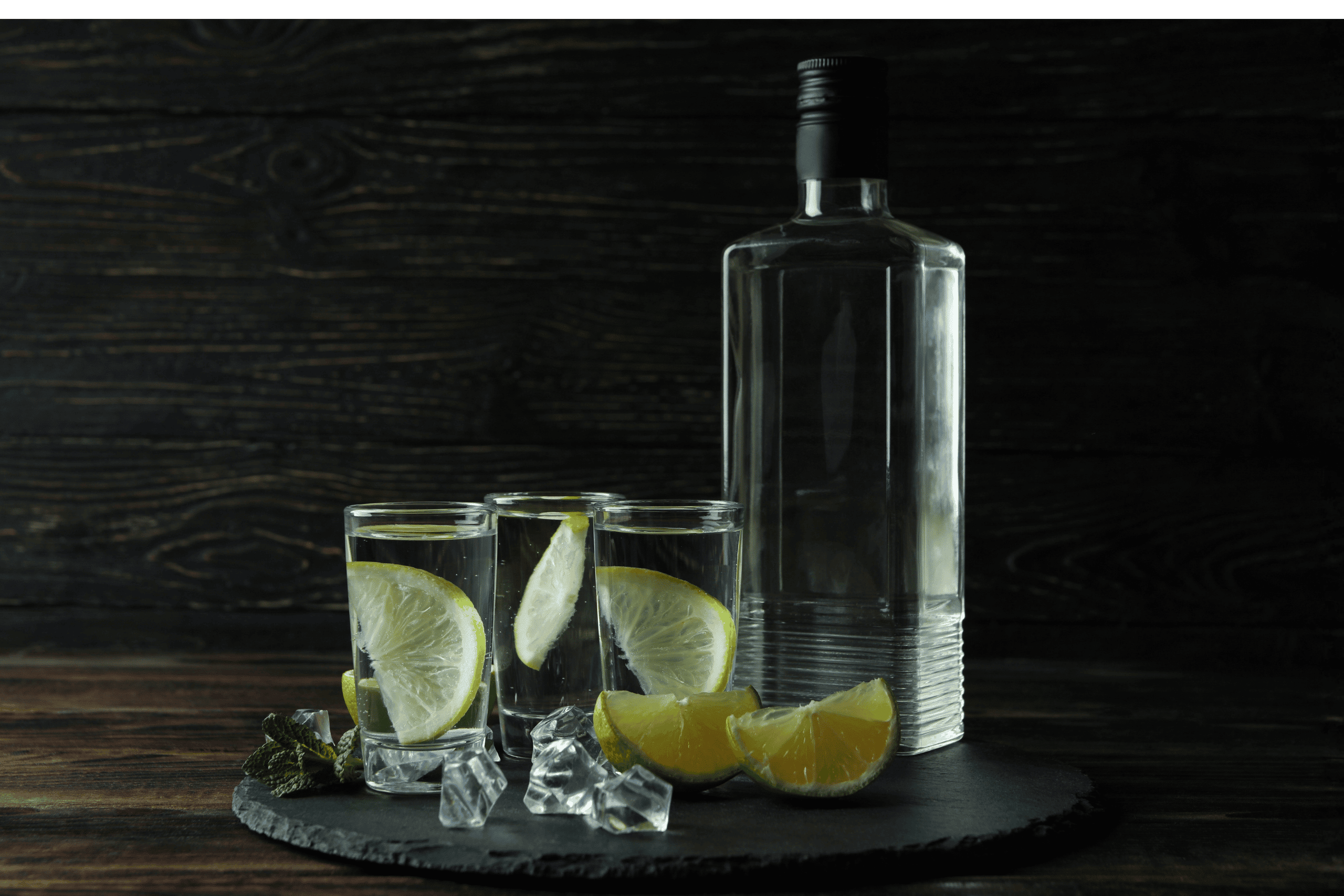 Wodkaflasche mit Limette, Eis und Minze Wodkaflasche mit Limetten, Eiswürfeln und Minze auf dunklem Holztisch