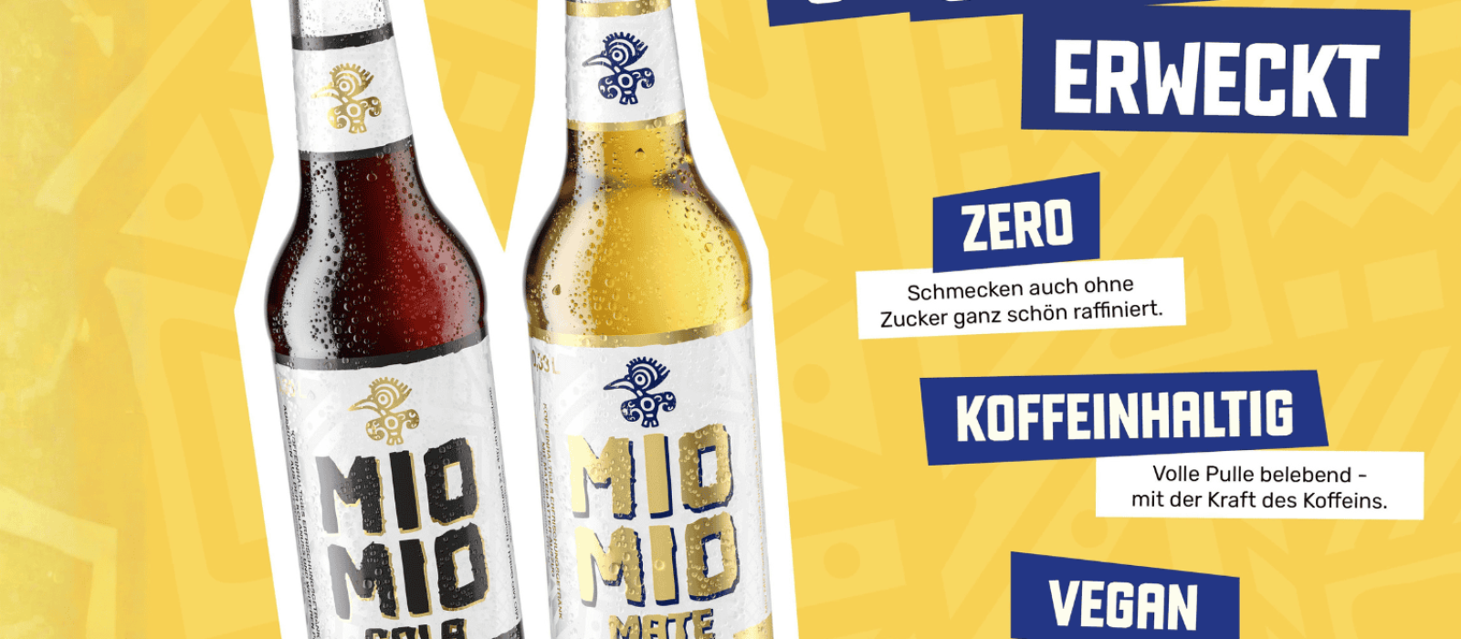 Mio Mio Cola Zero und Mio Mio Mate Zero Flaschen mit Hinweisen zu zuckerfrei, koffeinhaltig und vegan
