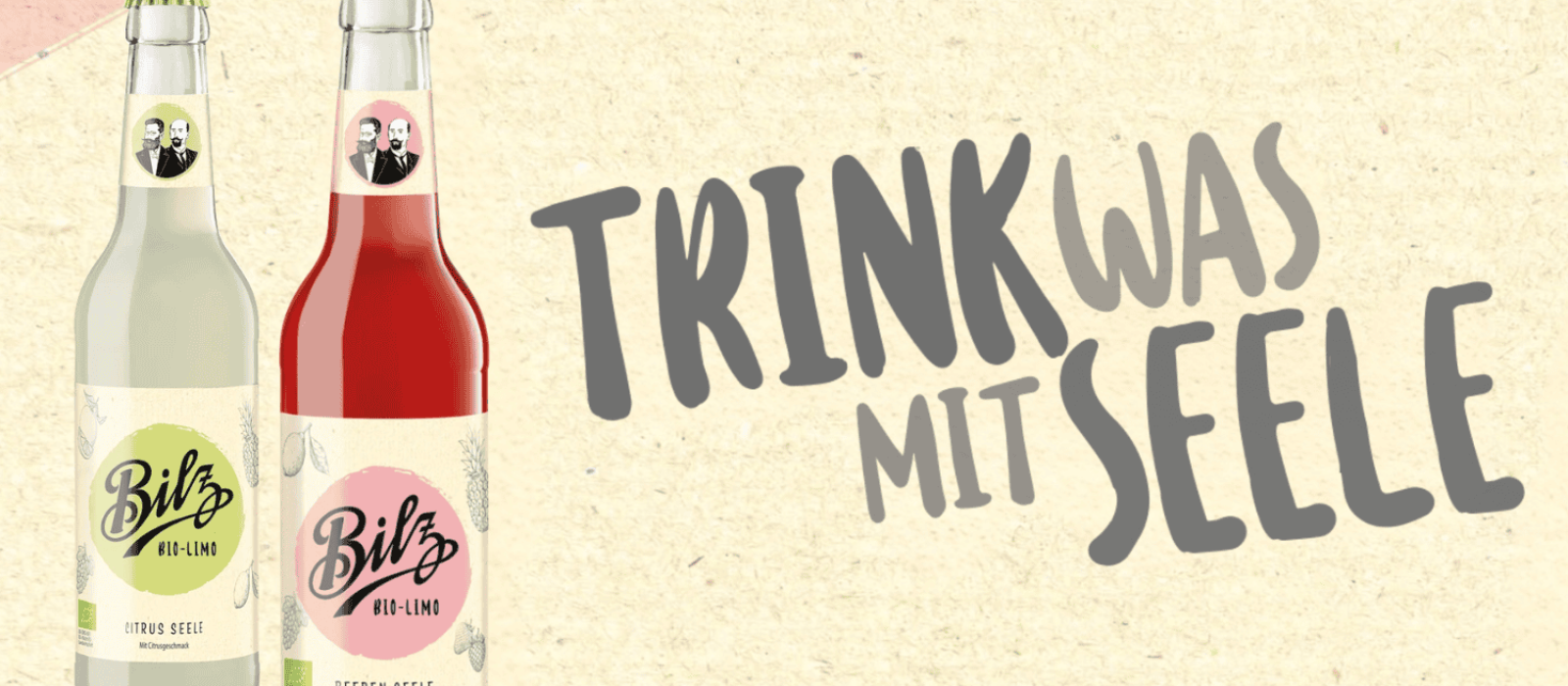 Bilz Bio-Limo in den Sorten Zitrus und Beeren mit dem Schriftzug „Trink was mit Seele“