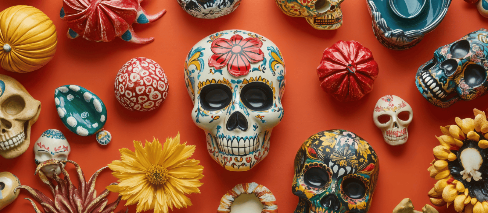 Bunte handbemalte Zuckerschädel und Blumen auf orangem Hintergrund im mexikanischen Día-de-los-Muertos-Stil