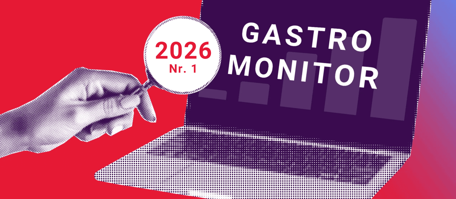 Gastivo Gastro Monitor 2026: Laptop mit Diagramm und Lupe zur Analyse von Gastronomie- und Getränkemarktdaten