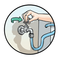 Hand dreht den Wasserhahn im Uhrzeigersinn und befestigt den Getränkeschlauch