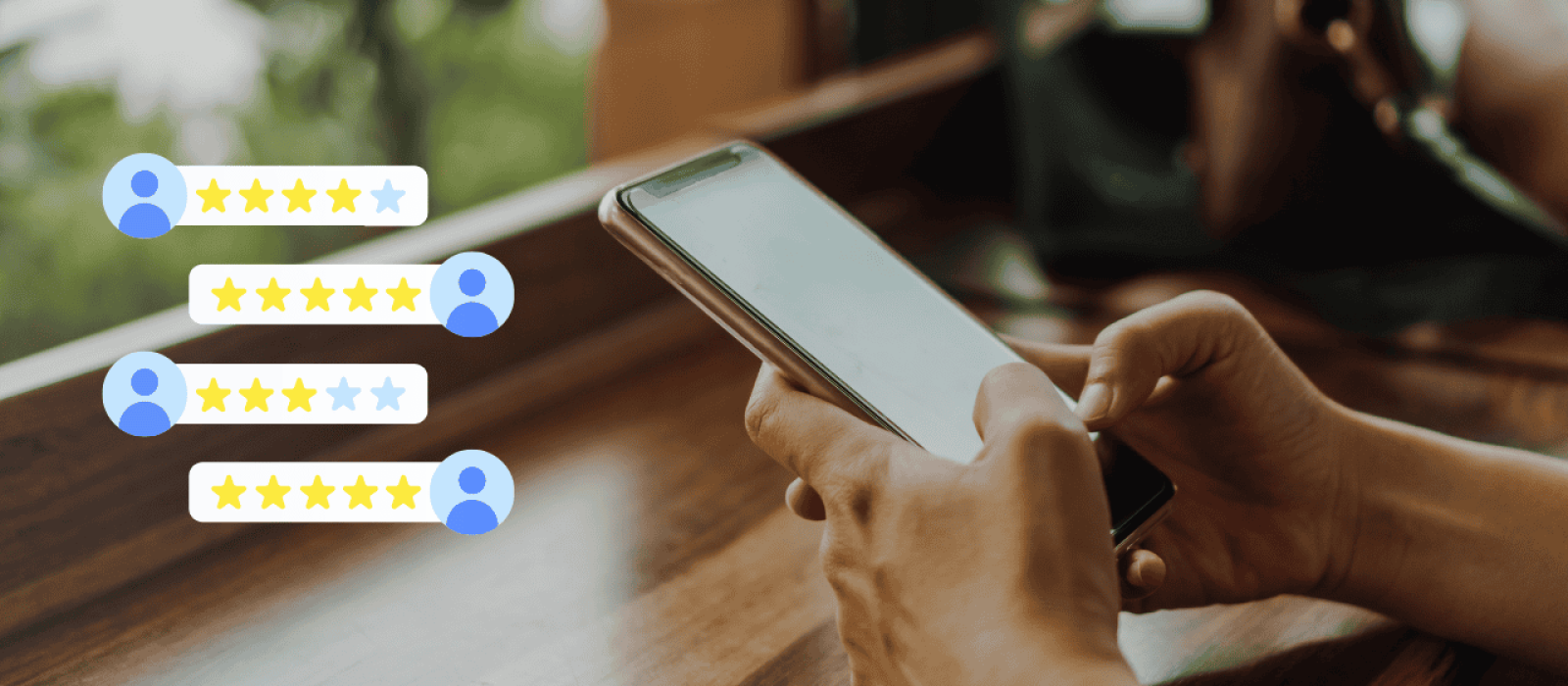 Person bewertet ein Unternehmen per Smartphone mit mehreren Sternebewertungen