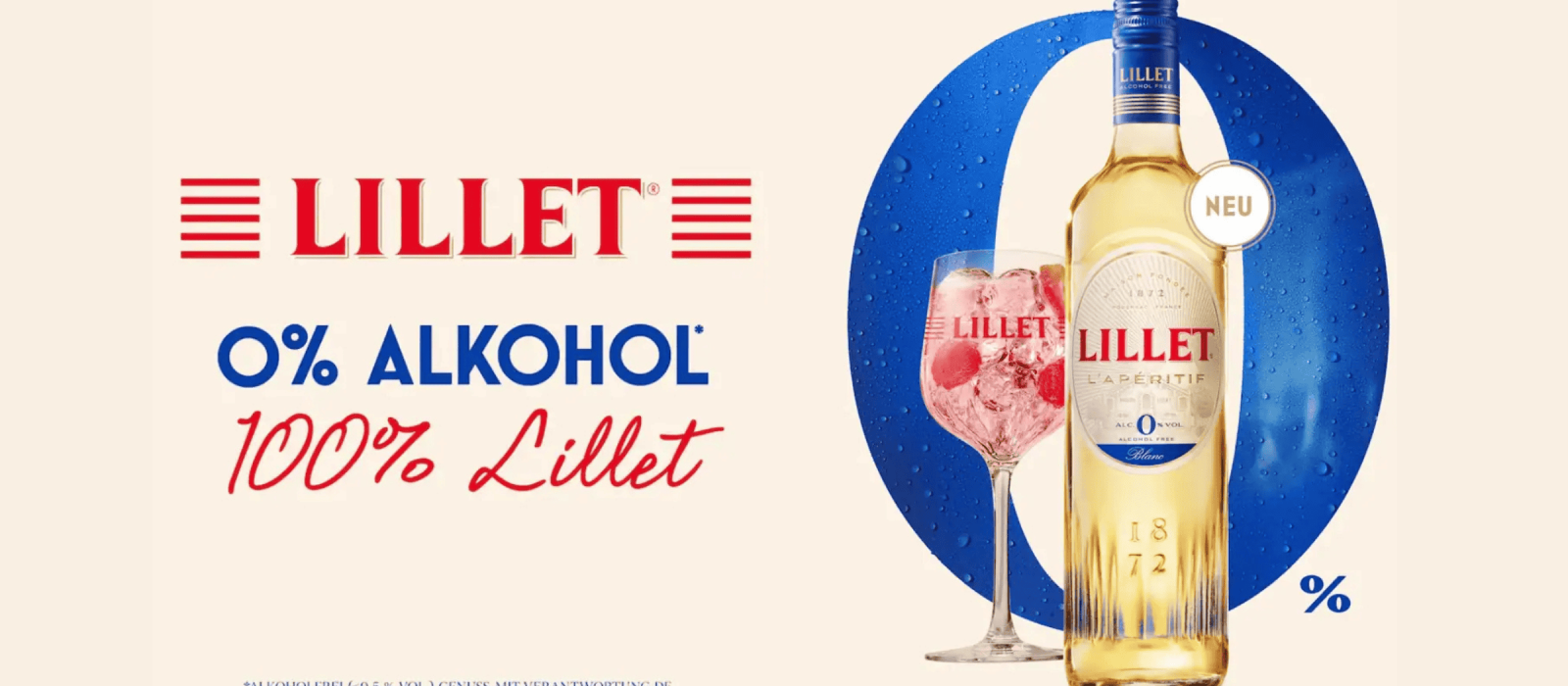 Lillet alkoholfrei: Flasche und Cocktailglas vor blauem Hintergrund