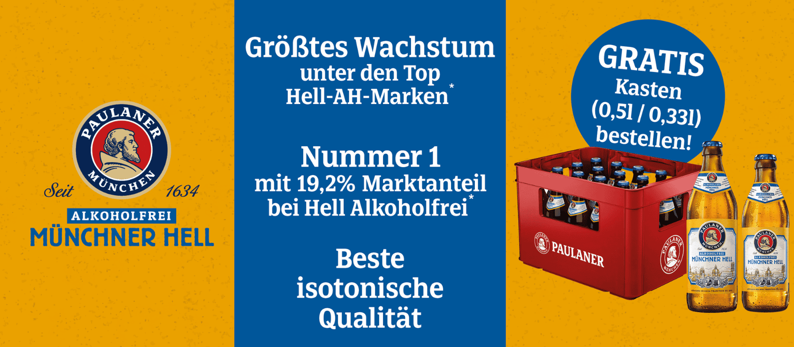 Paulaner Alkoholfrei Münchner Hell Kasten mit 0,5- und 0,33-Liter-Flaschen bestellen