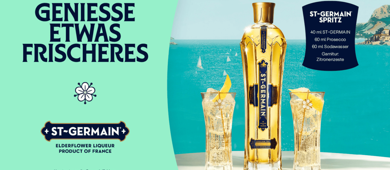St-Germain Spritz mit Holunderblütenlikör, Prosecco, Soda und Zitronenzeste